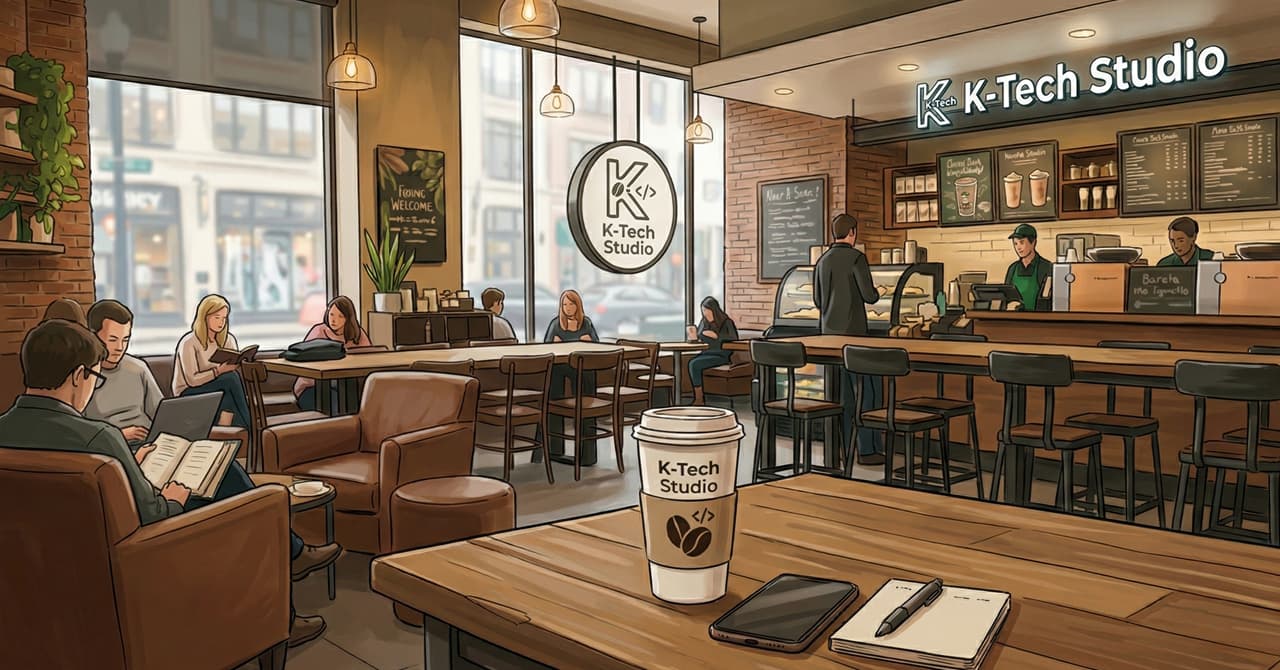 K-Tech Studio café — coffee, notebook, and phone on the table